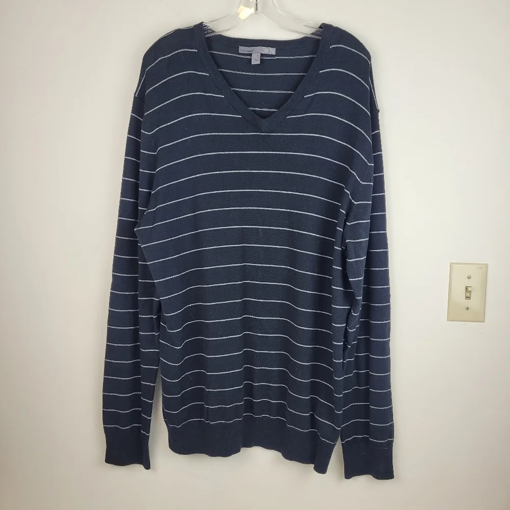 Old Navy Black White Striped Mens V-Neck Cotton Sweater nautical preppy cozy XL